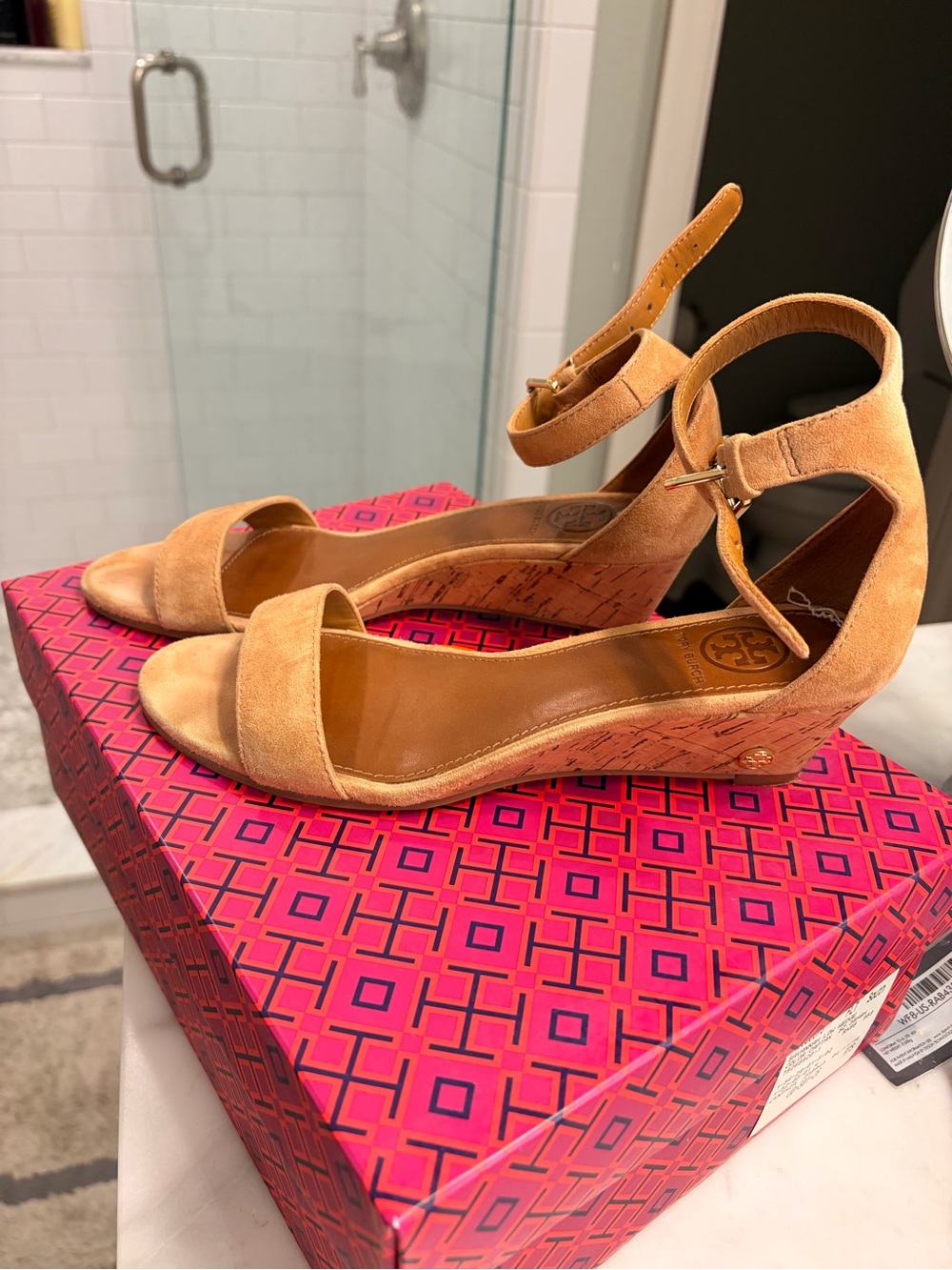 Tory Burch Savannah Suede Capri Tan Cork Wedge Sandals with Ankle Strap